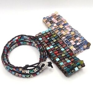 Spunky Soul Handmade Leather Wrap Bracelet And 2pc Multi Color Glass Bead Boho